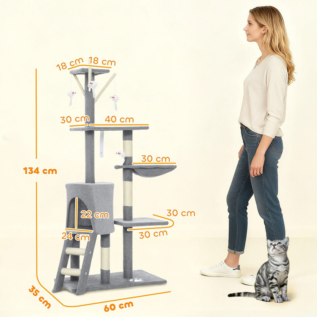 134cm Cat Tree for Indoor Cats with Hammock & Scratching Posts - Grey