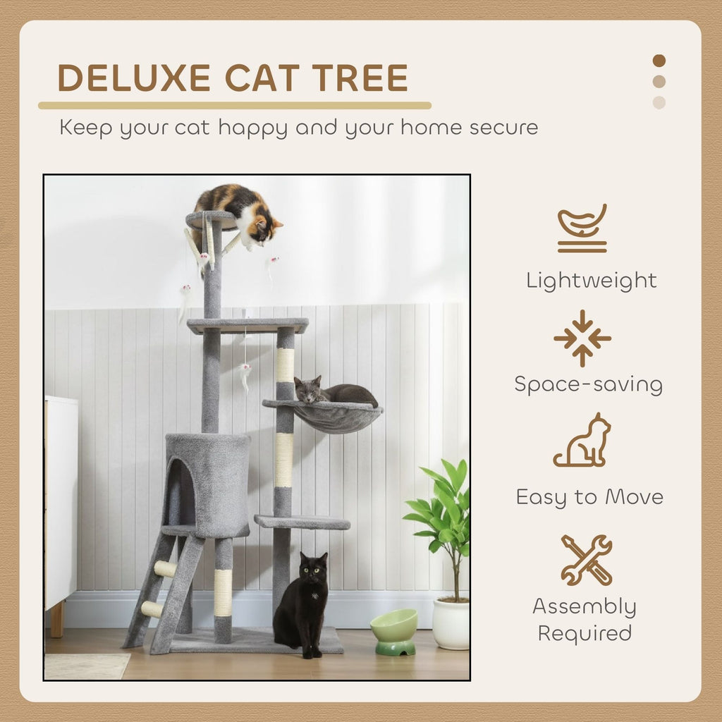 134cm Cat Tree for Indoor Cats with Hammock & Scratching Posts - Grey