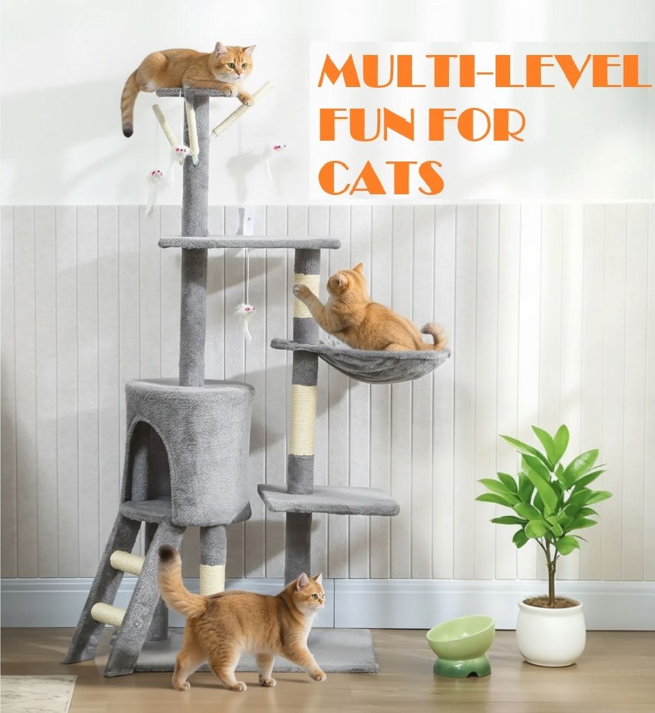 134cm Cat Tree for Indoor Cats with Hammock & Scratching Posts - Grey