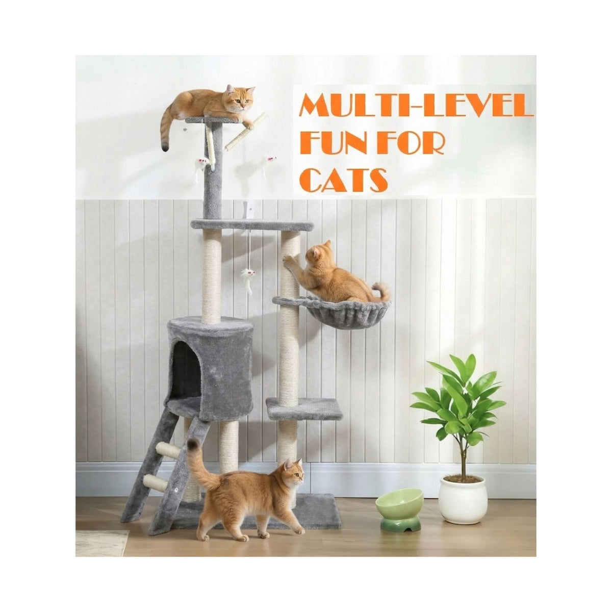 134cm Cat Tree for Indoor Cats with Hammock & Scratching Posts - Grey