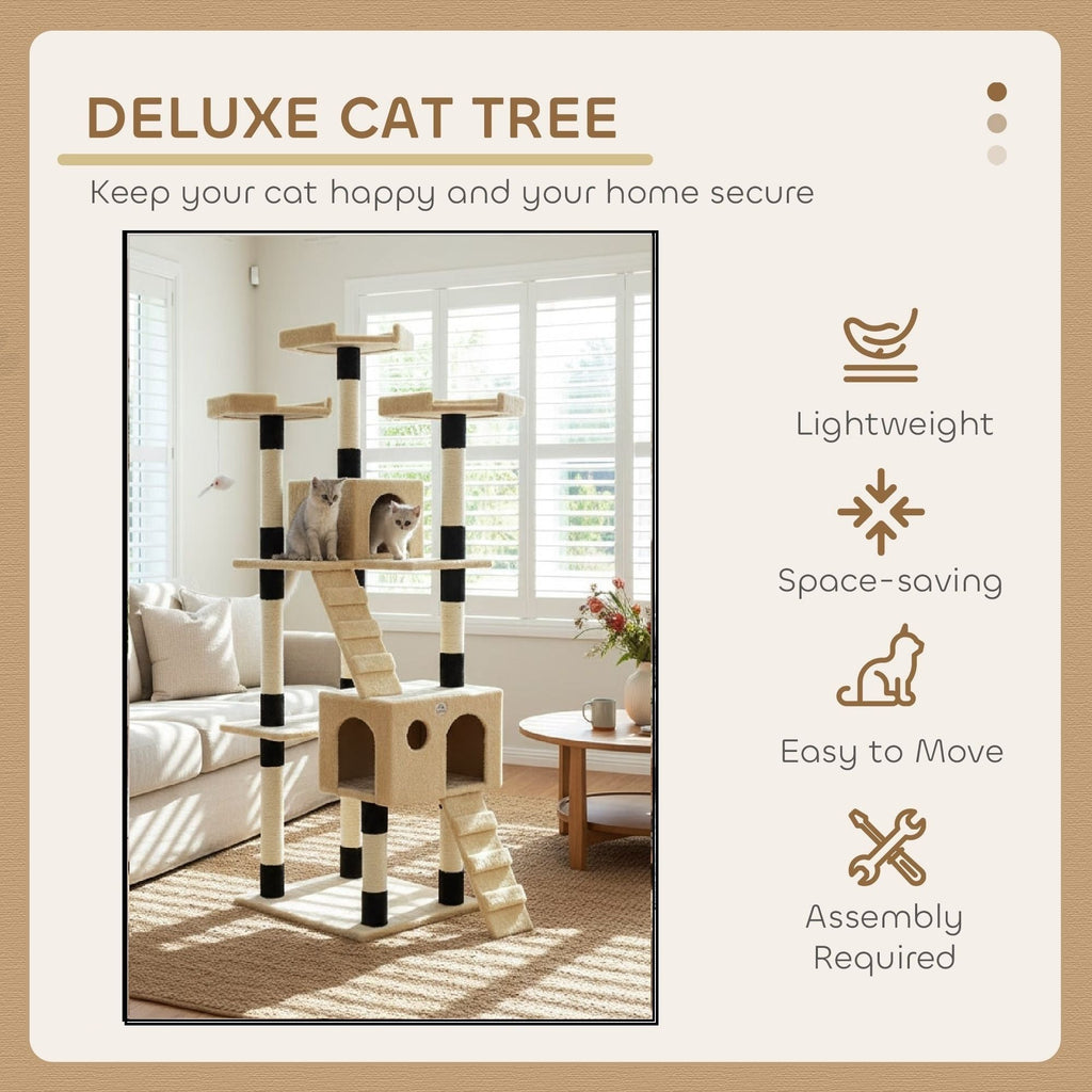 170cm Cat Tree Tower for Indoor Cats with Dual Condos & Plush - Beige